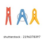 Set of three plastic clothes pegs yellow blue and red color vector illustration isolated on white background