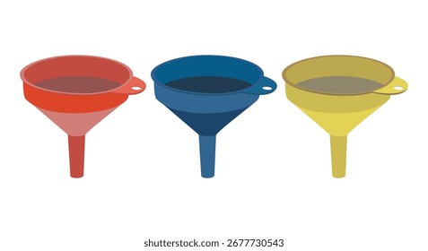 Conjunto de tres embudos de plástico en Ilustración vectorial plana roja, azul y amarilla