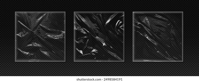 Set of three plastic vinyl torn wraps on a dark transparent background. Vector illustration of glossy, crumpled plastic textures. Perfect for overlay effects in design projects.