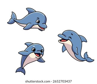 Conjunto de três golfinhos de desenho animado em várias poses de natação. Ideal para projetos infantis, materiais educacionais e decorações com temas marinhos