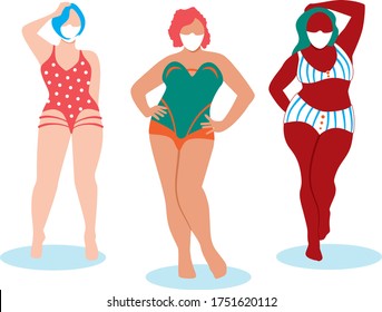 Set of three plus size models, body-positive young women or girls in medical mask protection of COVID-19 coronavirus.