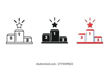 A set of three podiums representing first, second, and third place, topped with a shining star. Features variations in line art and flat design styles, perfect for illustrating achievement and competition.