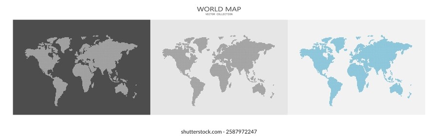 A set of three point maps of the world in a modern style. A world map made up of dots on different backgrounds. Vector graphics EPS 10.