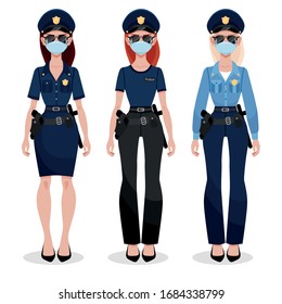 Set of three police women in different uniform. Young police officer in blue medical face mask. Women's profession.