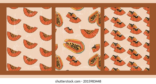 A set of three polygonal fruit patterns. Summer, autumn harvest. Minimalistic abstract hipster background with papaya slices. Organic natural illustration. Vintage abstract poster.