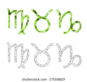 Set of three polygonal geometric zodiac signs.
