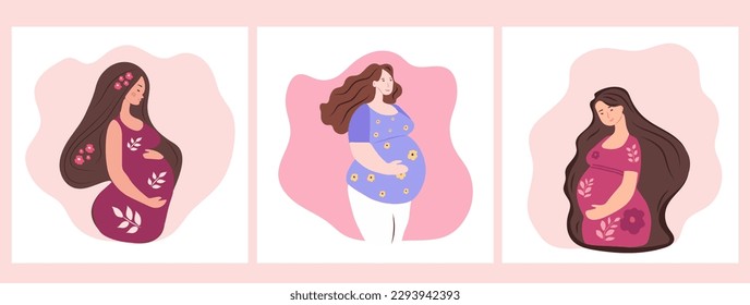 Set of three Portrait of beautiful young pregnant women. Concept of pregnancy and motherhood. Flat vector illustration.