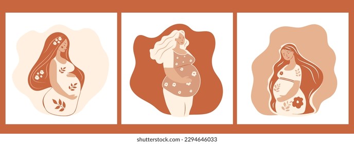 Set of three Portrait of beautiful young pregnant women. Concept of pregnancy and motherhood. Flat vector illustration.	
