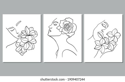 Juego de tres retratos, cara con flor. Simple, minimalista ilustración vectorial de una mujer hermosa. Dibujo de línea