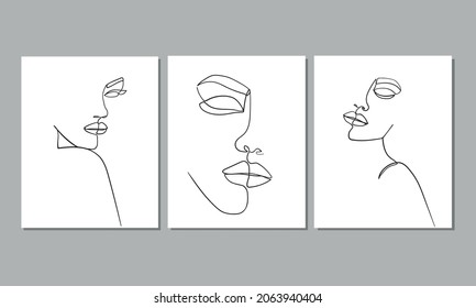 Set of three portrait. Simple, minimalist vector illustration of beautiful woman face. Line drawing.