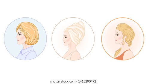 Set of three portraits of beautiful woman 30-39 or 40-49 with a towel on her head with hairstyle and makeup and in office style. Before and after. Hand drawn vector line art illustration.