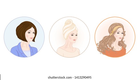 Set of three portraits of beautiful woman 30-39 or 40-49 with a towel on her head with hairstyle and makeup and in office style. Before and after. Hand drawn vector line art illustration.