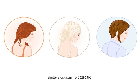 Set of three portraits of beautiful woman 30-39 or 40-49 with a towel on her head with hairstyle and makeup and in office style. Before and after. Hand drawn vector line art illustration.