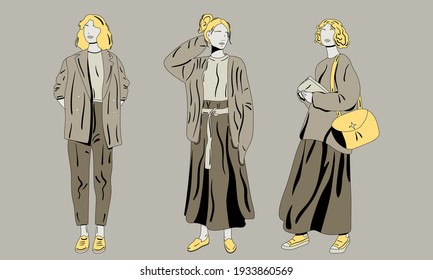 Set of three portraits in comics style, full length portraits of beautiful young ladies wearing trendy casual outfits