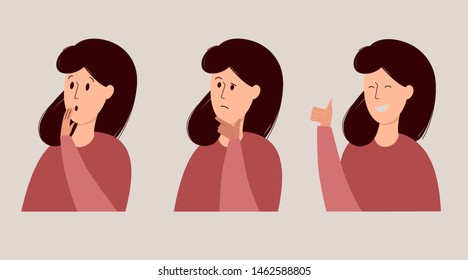 Set of three portraits of a girl. Three different emotions - shocked face, thoughtful face and happy face with finger up.  Girl successfully solves the problem. Cartoon illustration in flat style