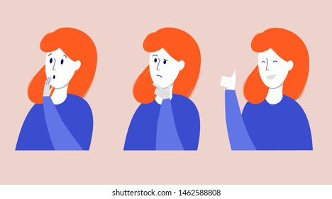 Set of three portraits of a girl. Three different emotions - shocked face, thoughtful face and happy face with finger up.  Girl successfully solves the problem. Cartoon illustration in flat style