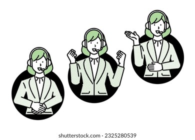 Set of three poses of customer service female employee, business woman with headset. Online assistant, consultant wearing headset.