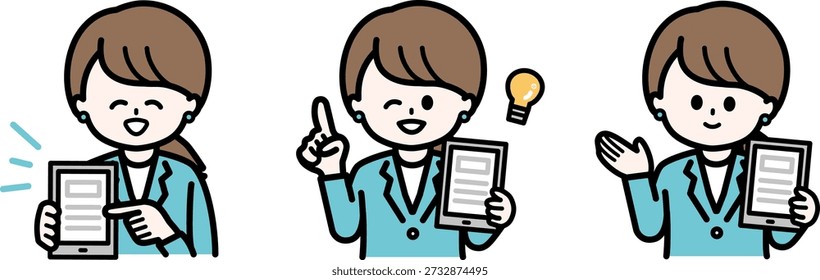 A set of three poses featuring a woman explaining SaaS implementation and the latest cloud tools. Material for modern tech companies and IT services.