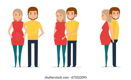 A set of three poses of a pregnant happy woman and her husband. Happy family. Vector illustration in a flat cartoon style