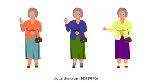 Set of three poses of a retired woman. An old woman gestures: like, hi, cool. Vector illustration in flat style.
