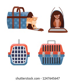 Set of three positions manual plastic carrying transporter for cats on white background. Cat carrier front view, side view, with the open and closed door. Flat cartoon vector illustration