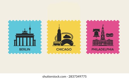 Set of three postage stamps featuring travel landmarks for Berlin, Chicago, and Philadelphia on colorful backgrounds.