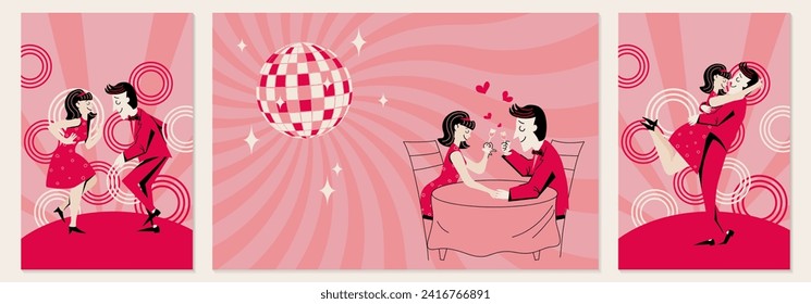 Conjunto de tres postales. Una pareja enamorada en una sinuosa fiesta retro. Plantilla para invitación, pancarta, afiche. Estilo retro. Minimalismo. 