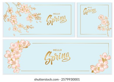 set of three postcards with pink cherry blossoms with a golden gradient on a blue background and frames. Meeting of Spring