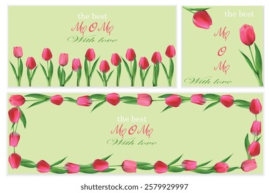 set of three postcards with pink tulip on a green background and frames. Meeting of mother's day