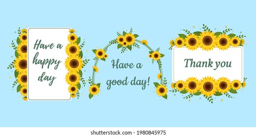 A set of three postcards in a rectangular white frame and an arch with sunflowers on a blue background. Vector illustration for your design