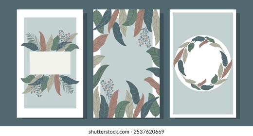 Conjunto de tres postales con hojas estilizadas en estilo boho. Vector.