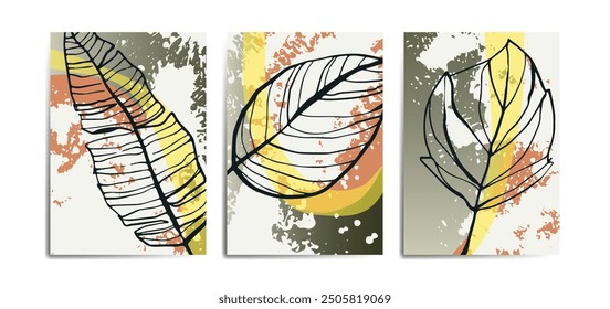 Set of three poster background with line art leaf, abstract shape and splash element. Suitable for background, poster, cover, flyer, wall art, home decor and other template.
