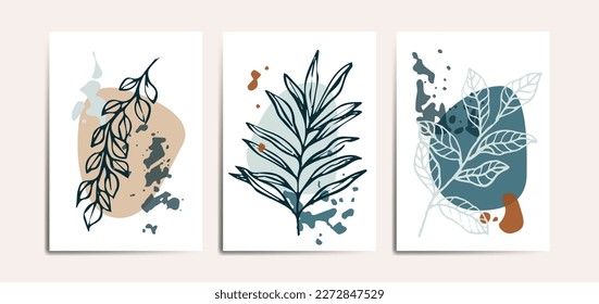 Set of three poster background with palm leaf and abstract shape element. Suitable for background, poster, cover, flyer, wall art, home decor and other template.