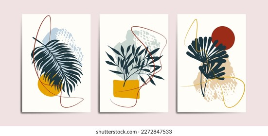 Conjunto de tres fondo de póster con hoja de palma y elemento de forma abstracta. Adecuado para el fondo, afiche, portada, volante, arte mural, decoración casera y otras plantillas.