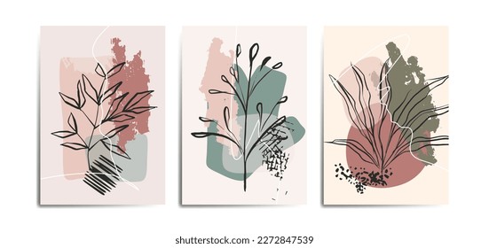 Conjunto de tres fondo de póster con hoja de palma y elemento de forma abstracta. Adecuado para el fondo, afiche, portada, volante, arte mural, decoración casera y otras plantillas.
