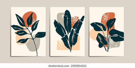 Set of three poster background with tropical leaf silhouette and abstract shape element. Suitable for background, poster, cover, flyer, wall art, home decor and other template.