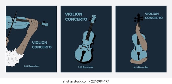 Set of three Poster idea for music event, with symbols of the violin instrument. Banner, flyer, invitation, ticket or advertising banner with abstract violin. Flat vector illustration. Hand drawn styl