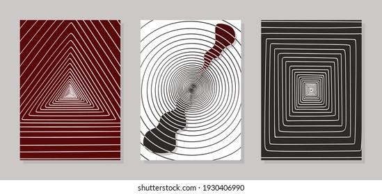 Set of three posters with abstract geometric patterns. Spiral lines in the form of a circle, triangle, square. Imitation of perspective, tunnel. Minimalism. Contrasting black, white, burgundy colors.