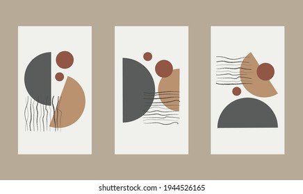 Satz von drei Plakaten mit abstrakten geometrischen Bildern. Kreise, Halbkreise, Linien. Isolierte Objekte. Decken oder Wanddekor.