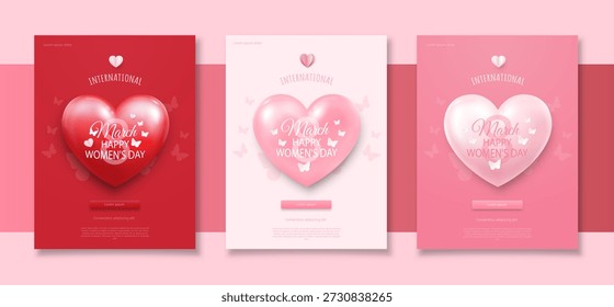 Eine Reihe von drei Plakaten oder Bannern für den Frauentag, 8. März, die ein dreidimensionales Herz darstellen, Schmetterlinge auf rotem und rosa Hintergrund. Ein Muster für Werbung und Einkauf innerhalb des Rahmens