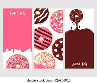 A set of three posters : chocolate donut dripping with glaze, donuts with different toppings, and icing flowing down on pink donut