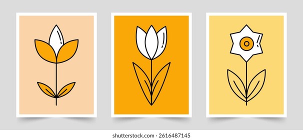 Set of three posters decorating interior with abstract colors in modern flat line style. Vector illustration. Minimalist design with bright colors, perfect for botanical projects, posters, invitations