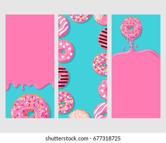 Set of three posters : donut dripping frosting, donuts with different toppings, and icing flowing down 