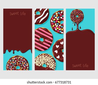 Set of three posters: donut dripping frosting, donuts with different toppings, and icing flowing down