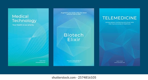 Set of three posters featuring medical technology, biotech, and telemedicines. Blue and green abstract designs highlight technology and innovation. Medical technology, healthcare template vector set.