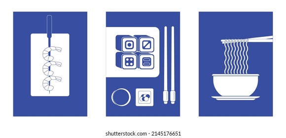 set of three posters food, products, cuisine of the world. Modern fashion vector illustration in flat style