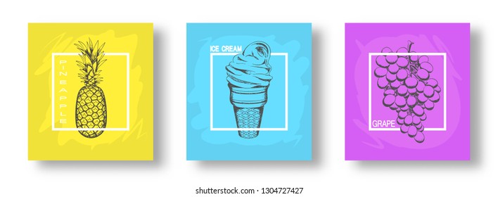 A set of three posters, framed brochures. Yellow, blue, purple. Pineapple, ice cream, grapes. Drawn by hand, sketch. For your design. summer menu on vacation. 10 eps