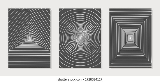 Set of three posters with geometric patterns. Spiral lines in the form of a circle, triangle, square. Imitation of perspective, tunnel. Monochrome black and white colors. Simple style, minimalism. 