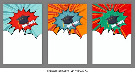 A set of three posters for graduation from university. Retro style 60's. Vector illustration. Congratulation poster