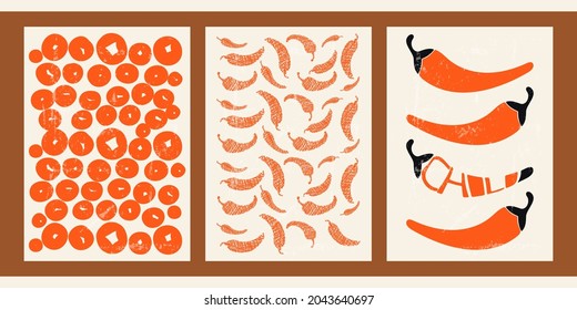 Set of three posters. Healthy food modern illustrations. Backgrounds with different shapes, circles for decorating covers of books, menus, magazines. Home decor with chili peppers.